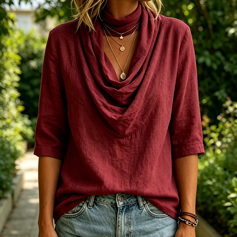 Elegante Bluse mit Drapierungskragen und 3/4-Ärmeln – Ansicht 4