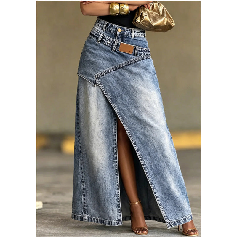 Anja | Damen Denim-Maxirock mit mehrlagiger Taille