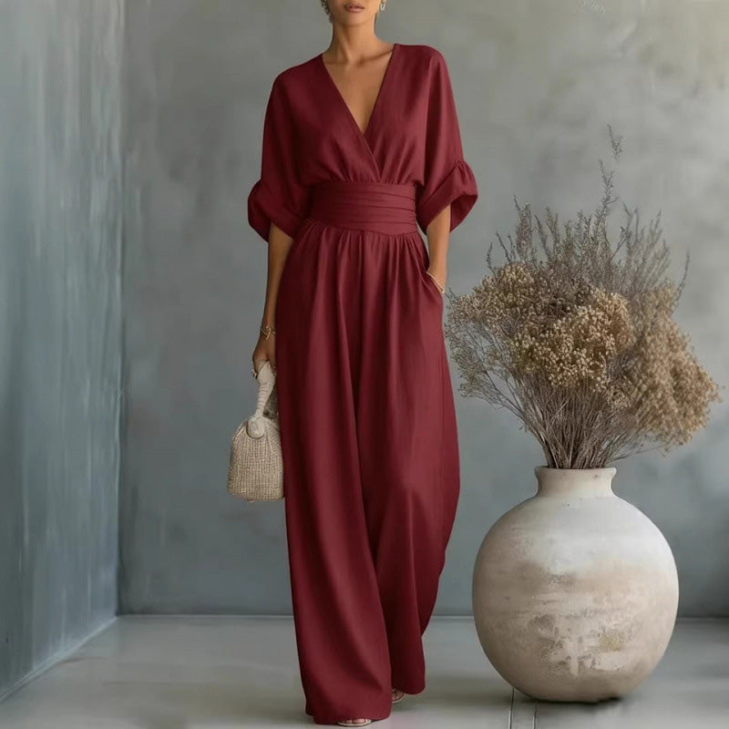 Melanie | Eleganter Jumpsuit mit V-Ausschnitt und weitem Bein – Ansicht 4