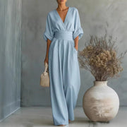 Melanie | Eleganter Jumpsuit mit V-Ausschnitt und weitem Bein