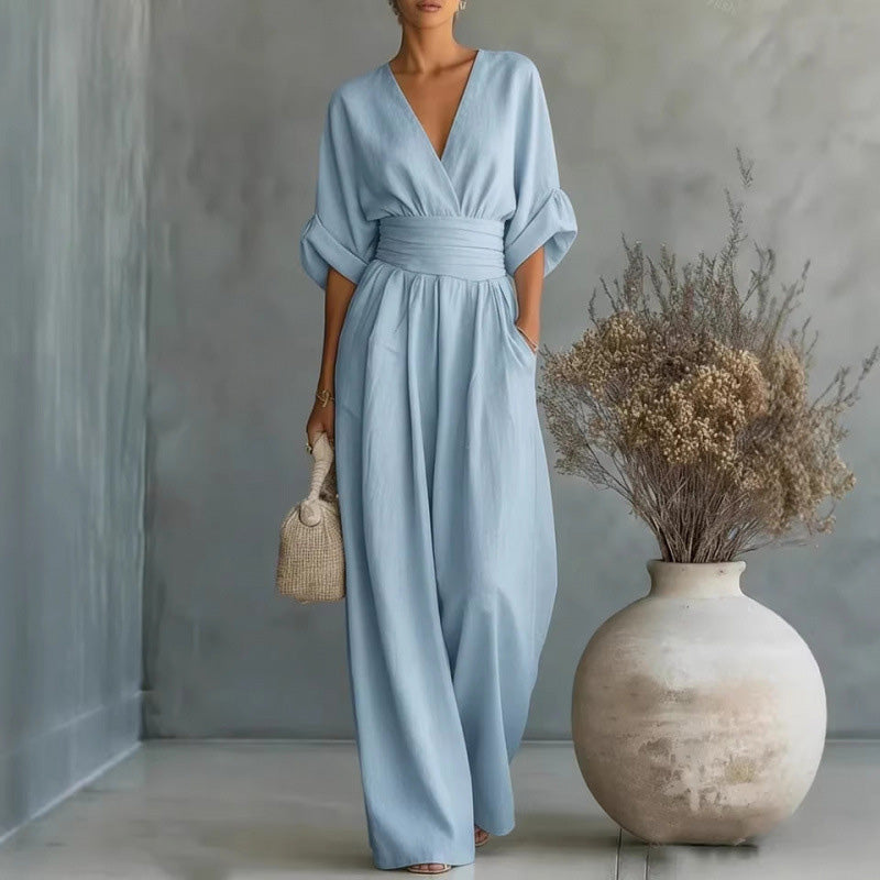 Melanie | Eleganter Jumpsuit mit V-Ausschnitt und weitem Bein