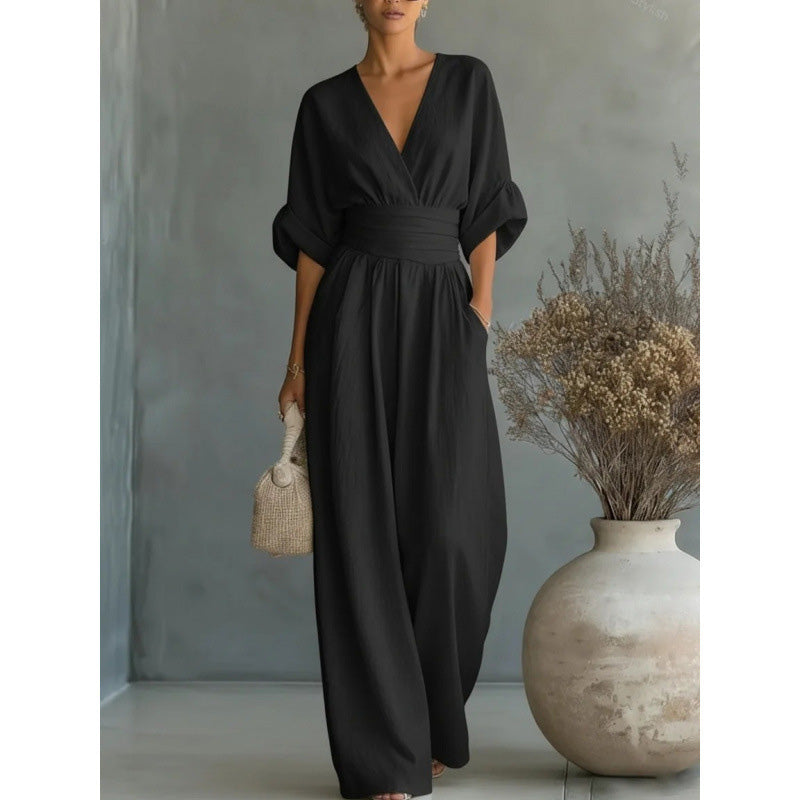 Melanie | Eleganter Jumpsuit mit V-Ausschnitt und weitem Bein – Ansicht 5