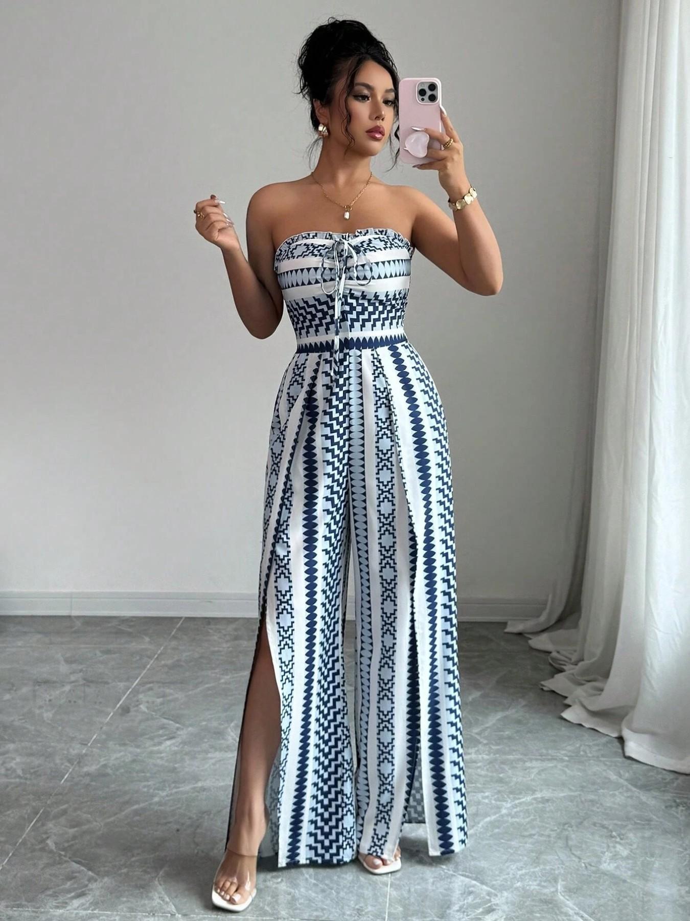 Ursula | Geometrischer Jumpsuit mit Halter-Ausschnitt und Seitenschlitz