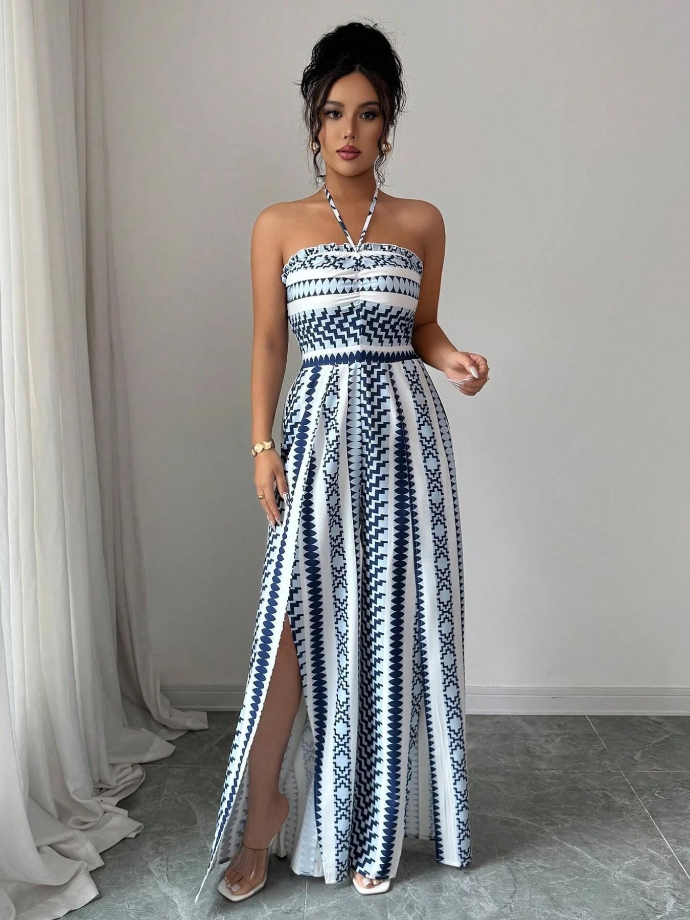 Ursula | Geometrischer Jumpsuit mit Halter-Ausschnitt und Seitenschlitz