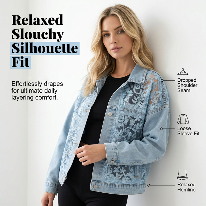Alina | Damen Jeansjacke mit Blumenmuster und Spitzen-Patchwork