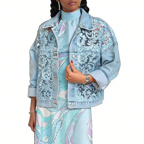 Alina | Damen Jeansjacke mit Blumenmuster und Spitzen-Patchwork
