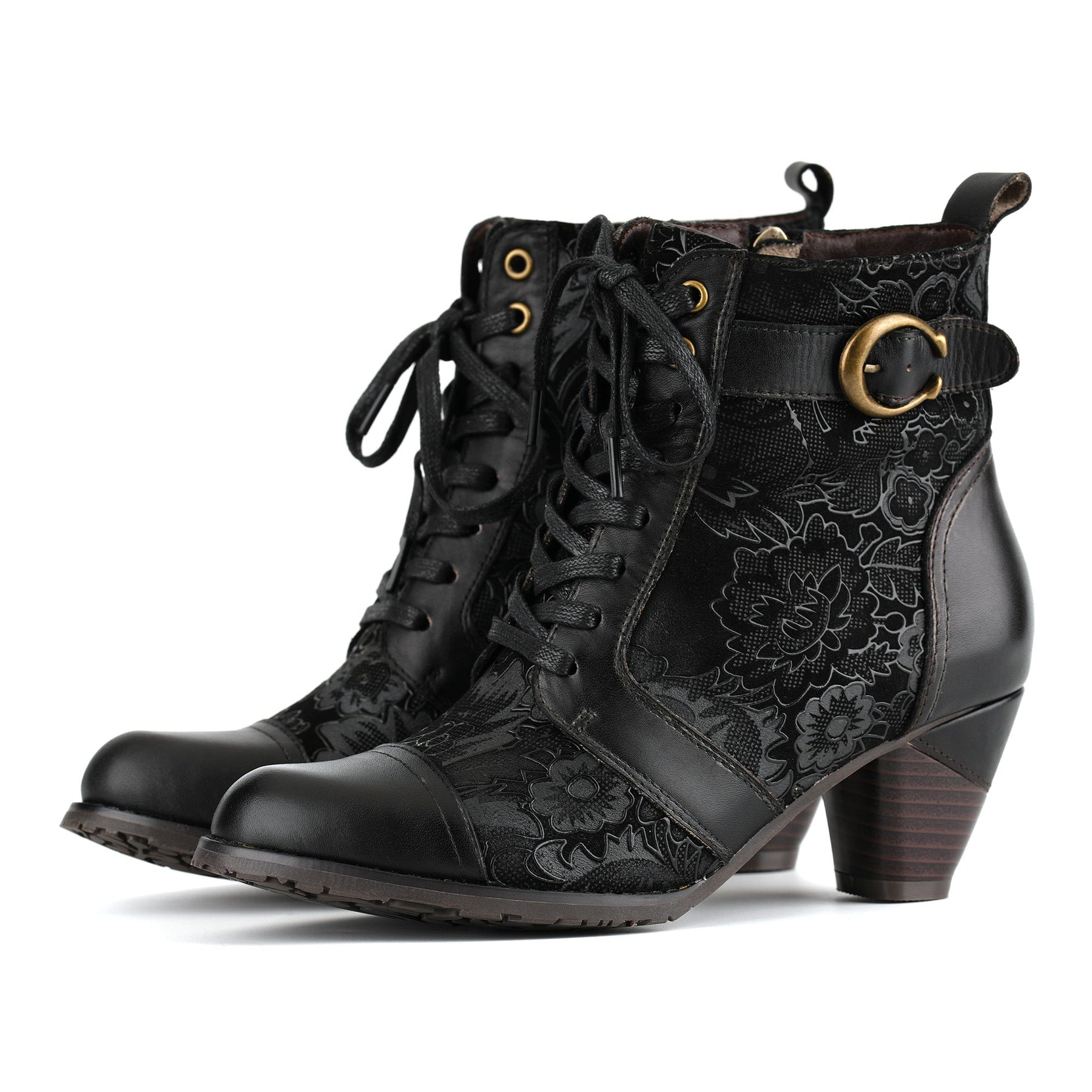 Florale Damen-Lederstiefeletten Timeless Grace mit Schnürung