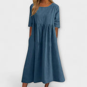 Anya – Gestreiftes Damenkleid mit bauchbedeckendem Schnitt – Ansicht 2