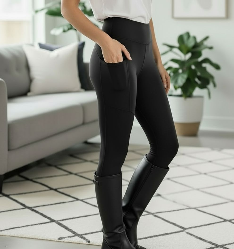 Weiche schwarze Damen-Leggings mit hohem Bund und Tasche