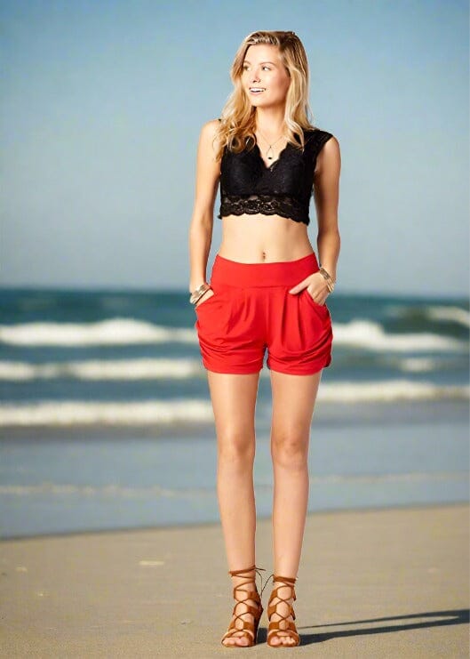 Rote Damen-Gymnastikshorts mit Taschen – Ansicht 2